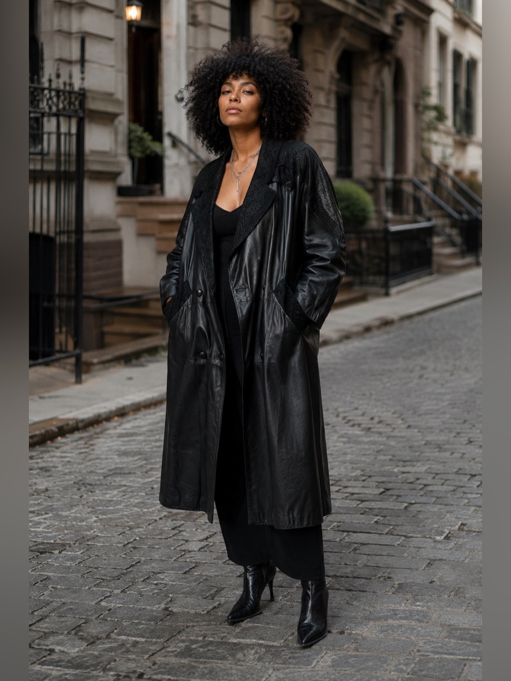 Vintage Diana Marco Black Leather Brocade Trench Coat Plus Size 20